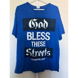 Vintage T Shirt God Bless The Streets Graphic T Shirt Men XL Blue and Black Y2K